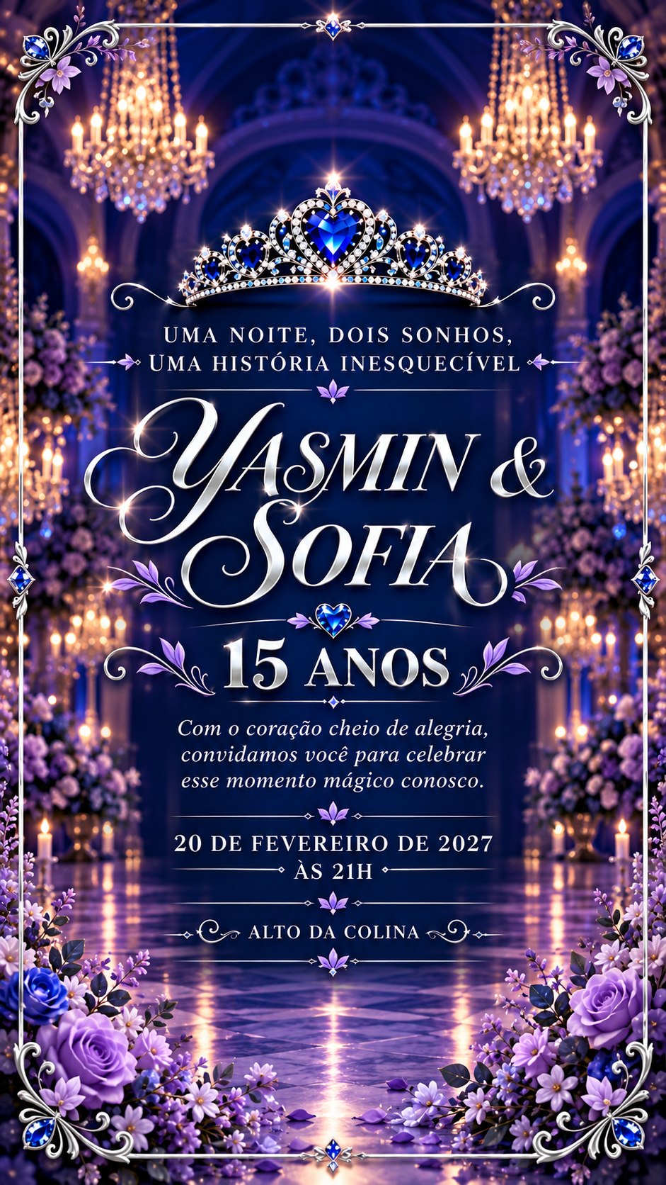 Convite de 15 anos de Yasmin e Sofia. 20 de fevereiro de 2027, às 21h, no Alto da Colina.